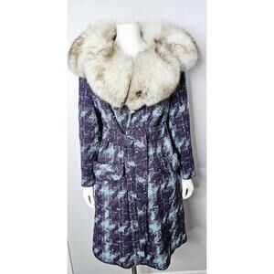 Vintage 1960s Purple and Turquoise Boucle Wool Coat with Fur Collar